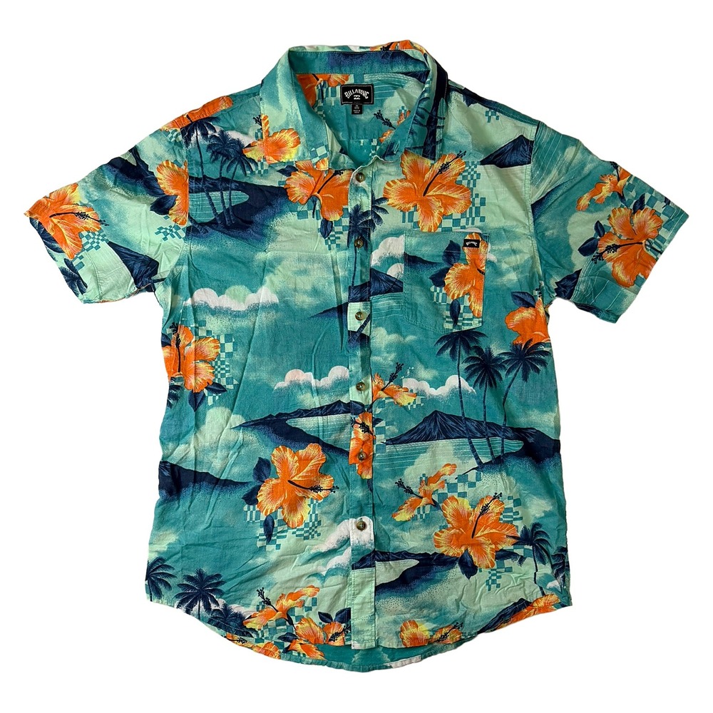 Billabong Mens Teal Tropical Hibiscus Palm Tree Short Sleeve Button Down Shirt M